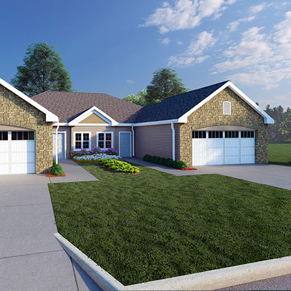 square photo of the outside of a tan stone home with green lawn at grove city senior community